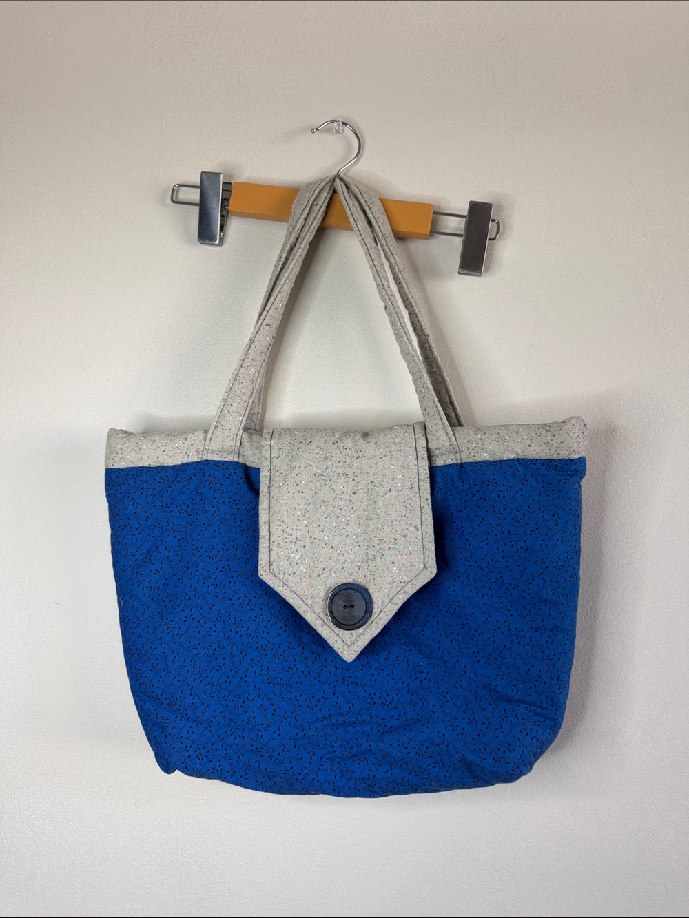 Blue and Cream Everyday Tote with Button Flap